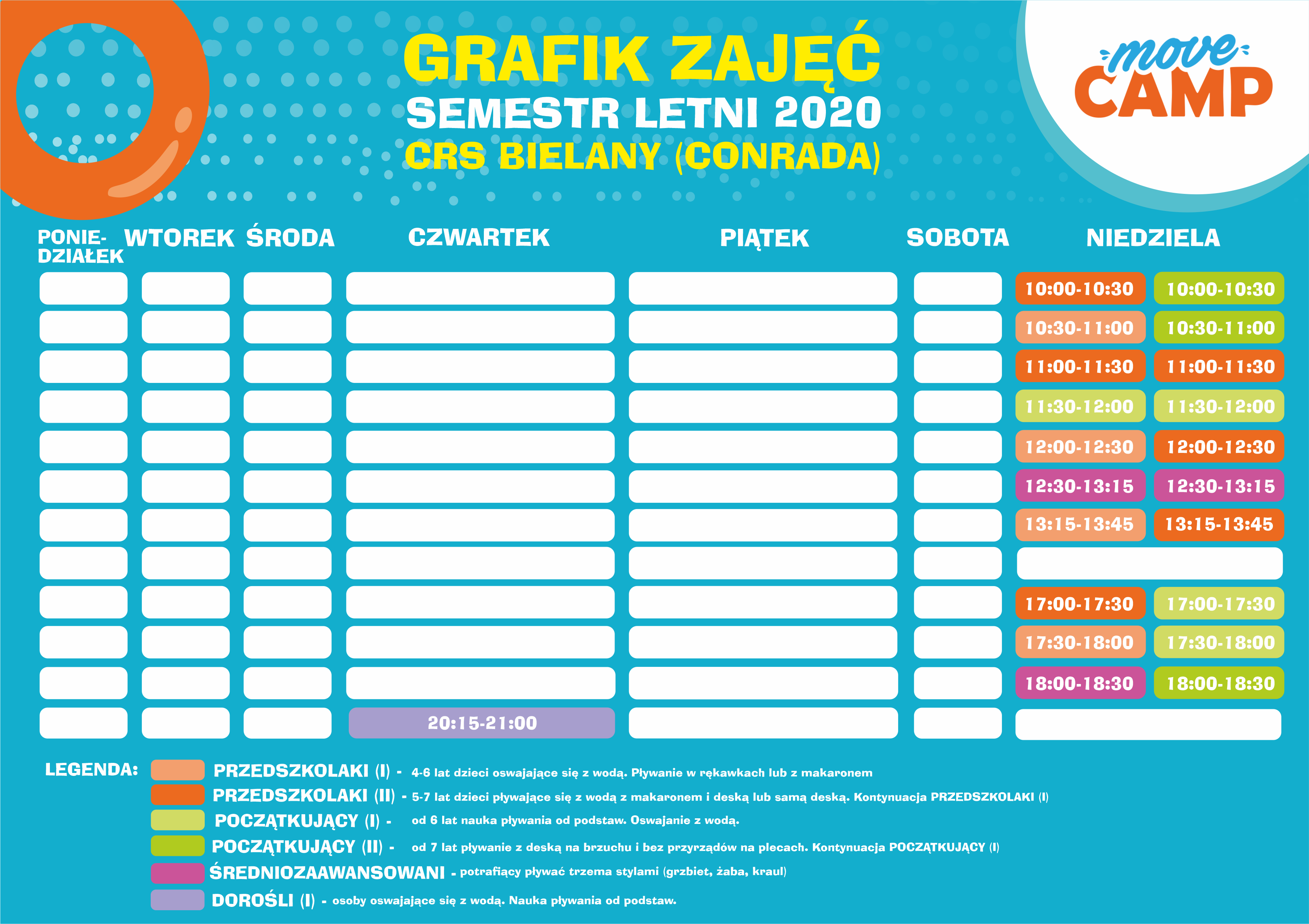 Grafik nauki pływania w Warszawie - MoveCamp.pl